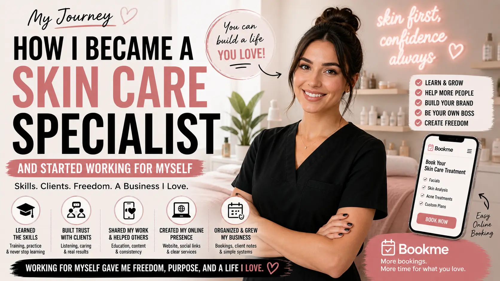 Skin care specialist workspace with facial tools and products arranged professionally