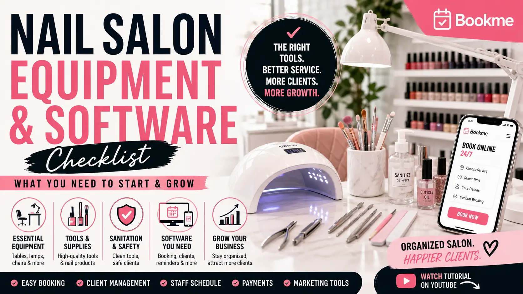 Nail salon manicure station with equipment and supplies on the desk